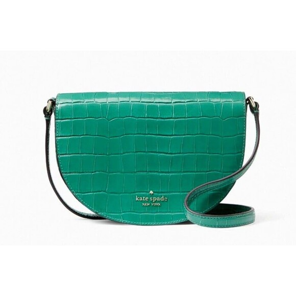 New Kate Spade Luna Crescent Crossbody Croco Embossed Leather Woodland Green - Picture 1 of 5